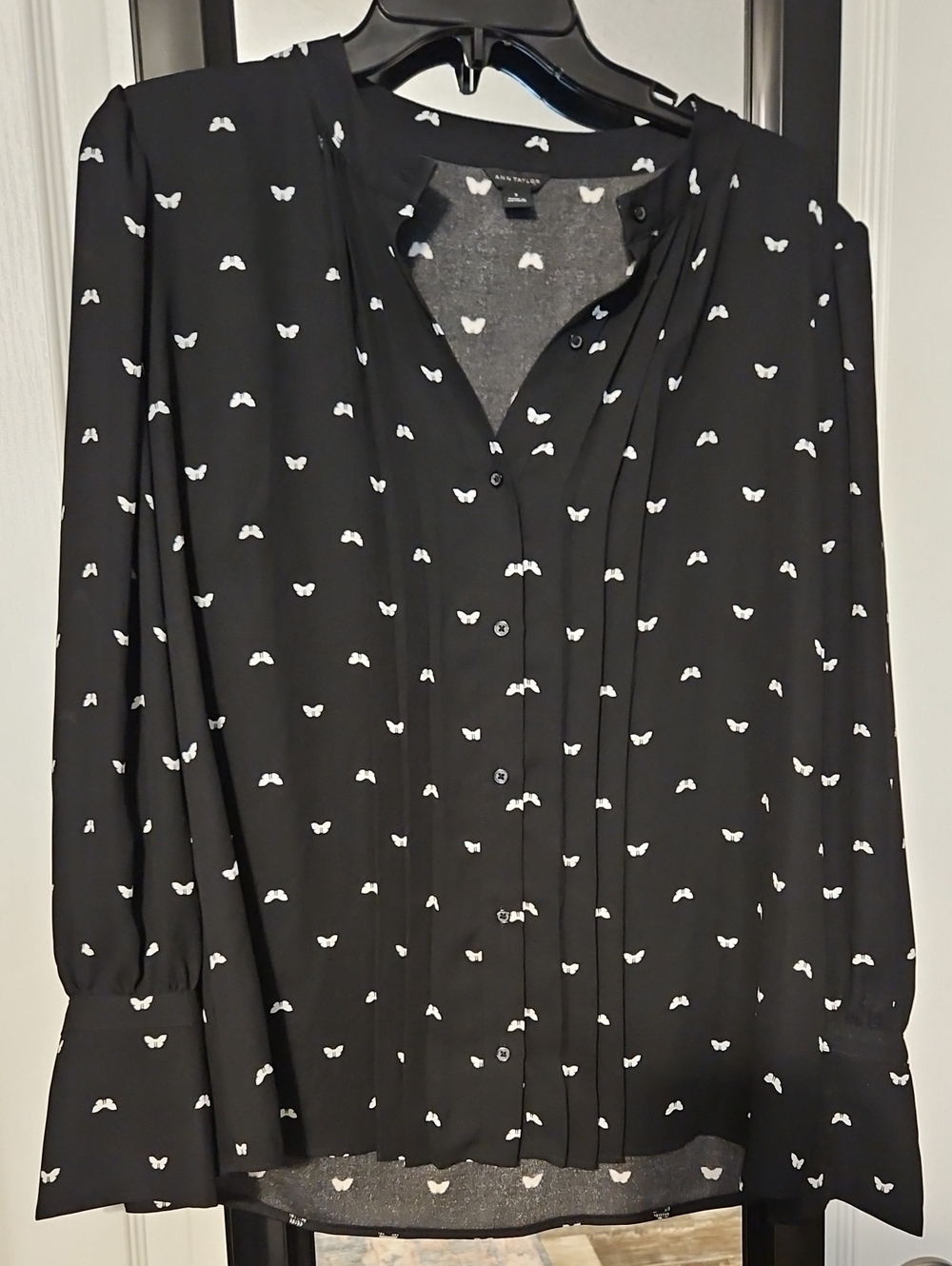 Ann Taylor Black Button-Down Shirt with White Butterfly Print, Size S
